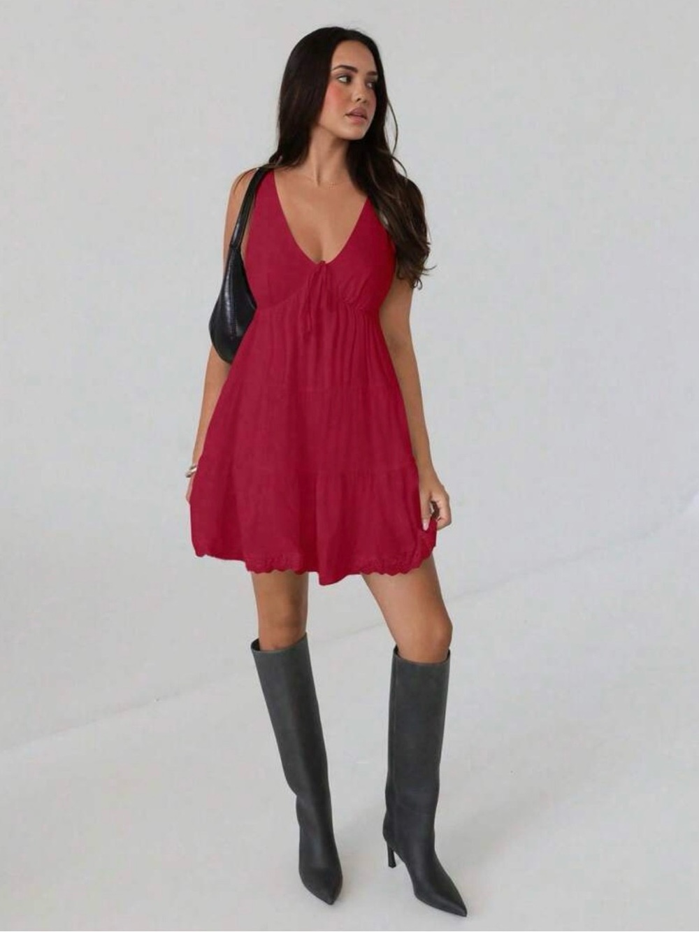 SHEIN Red V-Neck Babydoll Mini Dress